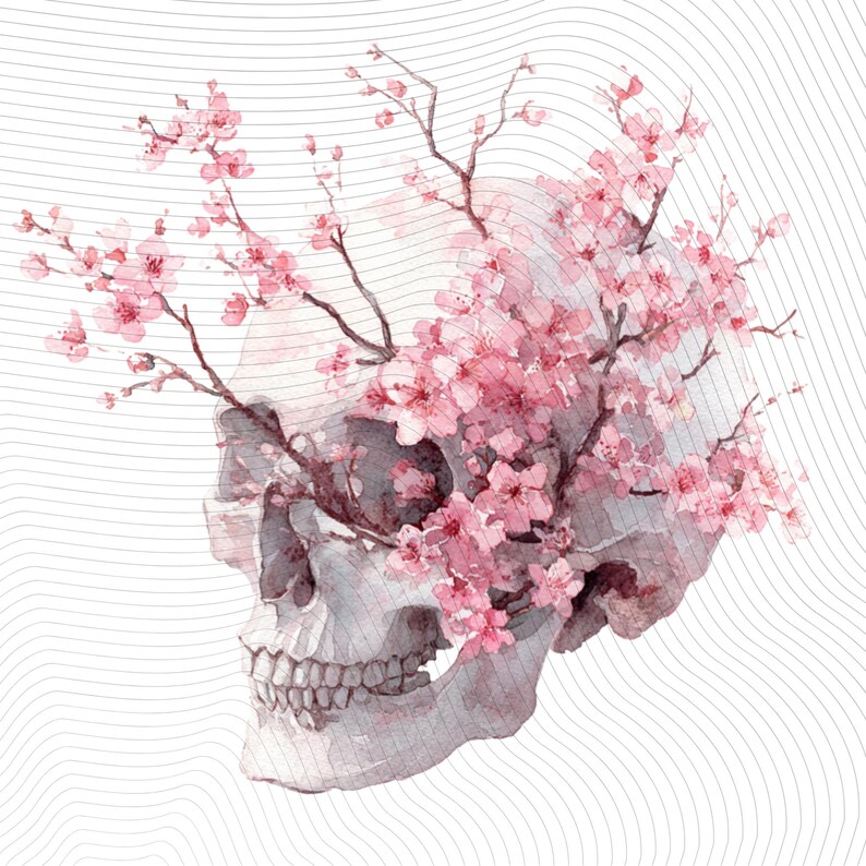 May include: Watercolor illustration of a human skull with pink cherry blossom branches emerging from the eye socket and top of the skull. The skull is gray and white, set against a white background with subtle gray wavy lines.