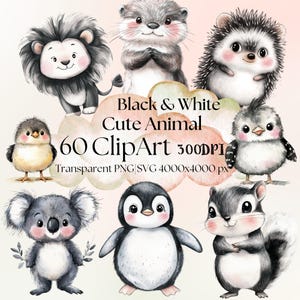 60 Schwarz-Weiß-Tier-Clipart-Set|Süße Baby-Tiere|PNG-SVG Transparenter Hintergrund | DTF Transfer| Scrapbooking, Aufkleber, Karten, T-Shirt