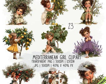 23 imágenes prediseñadas de la colección de cuentos de niñas mediterráneas en formato JPG y PNG transparente.