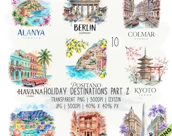 Puede incluir: Una colección digital de diez ilustraciones en acuarela que muestran monumentos mundiales como Alanya, Berlín, Colmar, La Habana, Positano, Kioto, Ciudad del Cabo, Petra y Buenos Aires, con etiquetas de texto y especificaciones técnicas.