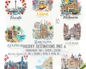 Puede incluir: Una colección digital de diez ilustraciones en acuarela que muestran monumentos mundiales como Toronto, Lisboa, Melbourne, Zanzíbar, Barcelona, Colmar, Hong Kong, Niza y Budapest, con etiquetas de texto para cada ciudad y el título Holiday Destinations Part 6.