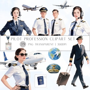 May include: A digital illustration set featuring pilots and aviation elements. The image includes pilots in uniform, airplanes, a passport, a globe with an airplane, and a pilot's hat. The text reads "PILOT PROFESSION CLIPART SET 39 PNG TRANSPARENT I 300DPI."