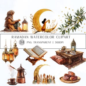 May include: Watercolor clipart set featuring Ramadan themes. Includes illustrations of a person reading, lanterns, a crescent moon, a table setting with dates, and the text "Ramadan Watercolor Clipart".