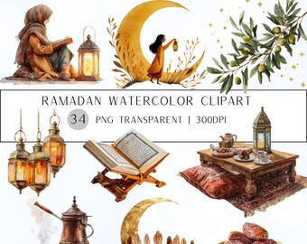 Puede incluir: Conjunto de imágenes prediseñadas de acuarela con temas de Ramadán. Incluye ilustraciones de una persona leyendo, linternas, una luna creciente, una mesa con dátiles y el texto "Ramadan Watercolor Clipart".