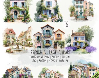 Paquete de 16 imágenes prediseñadas de pueblos franceses, pueblos de Provenza en formato JPG y PNG transparente (descarga digital).