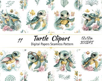 May include: A digital collection of 11 turtle clipart designs featuring seamless patterns with aquatic themes. The images display various sea turtles, small yellow fish, coral, and pink flowers. Text reads: 11 Turtle Clipart, 12x12in, 300DPI, Digital Papers Seamless Pattern.