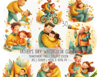 May include: A collection of 30 watercolor illustrations depicting fathers and children in various activities, including cycling, reading, painting, hugging, camping, and baking. The text reads FATHER'S DAY WATERCOLOR CLIPART, TRANSPARENT PNG, 300DPI, 12X12IN, JPG, 300DPI, 4096 X 4096 PX.