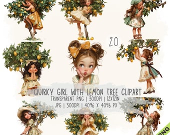 Paquete de 20 imágenes prediseñadas de Chica peculiar con limonero, Chica caprichosa JPG y PNG transparente