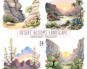 14 cliparts paysage fleurs du désert | Aquarelle coucher de soleil sur le désert, fleur de cactus PNG arrière-plan transparent