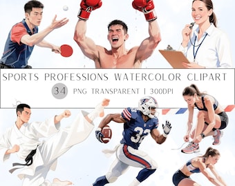 34 Clipart acquerello di professioni sportive/Atleta realistico PNG sfondo trasparente