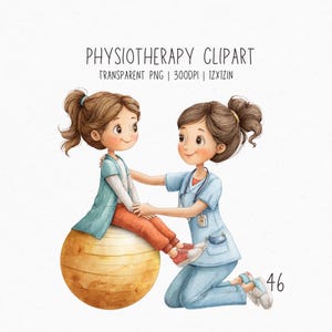 May include: Watercolor illustration of a physiotherapy session. A young person sits on a yellow exercise ball while a healthcare professional in blue scrubs assists. The image includes the text "PHYSIOTHERAPY CLIPART".