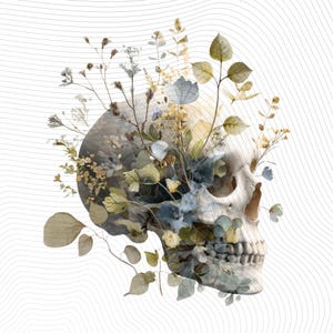 May include: A digital art print featuring a human skull with botanical elements. The skull is depicted in shades of gray and white, with detailed bone structure. Delicate leaves and flowers in muted greens, blues, and yellows emerge from the skull, set against a white background.