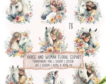 18 imágenes prediseñadas de caballos y mujeres, gráficos florales ecuestres románticos en formato JPG y PNG transparente.