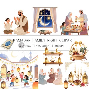 May include: Digital illustration depicting Ramadan family scenes. The image includes people praying, a family meal, lanterns, a crescent moon, and the text "Ramadan Family Night Clipart".