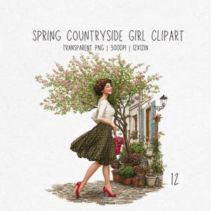 May include: Illustration of a woman in a polka dot skirt and red heels walking past a flowering tree and a building with flower pots. The image includes the text "SPRING COUNTRYSIDE GIRL CLIPART".