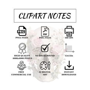 May include: Digital clipart image with the text "CLIPART NOTES". The image includes icons for PNG and PDF files, 300 DPI, high quality 4000x4000 pixels, no background, 12x12 inches, free commercial use, AI digital art, and instant download.