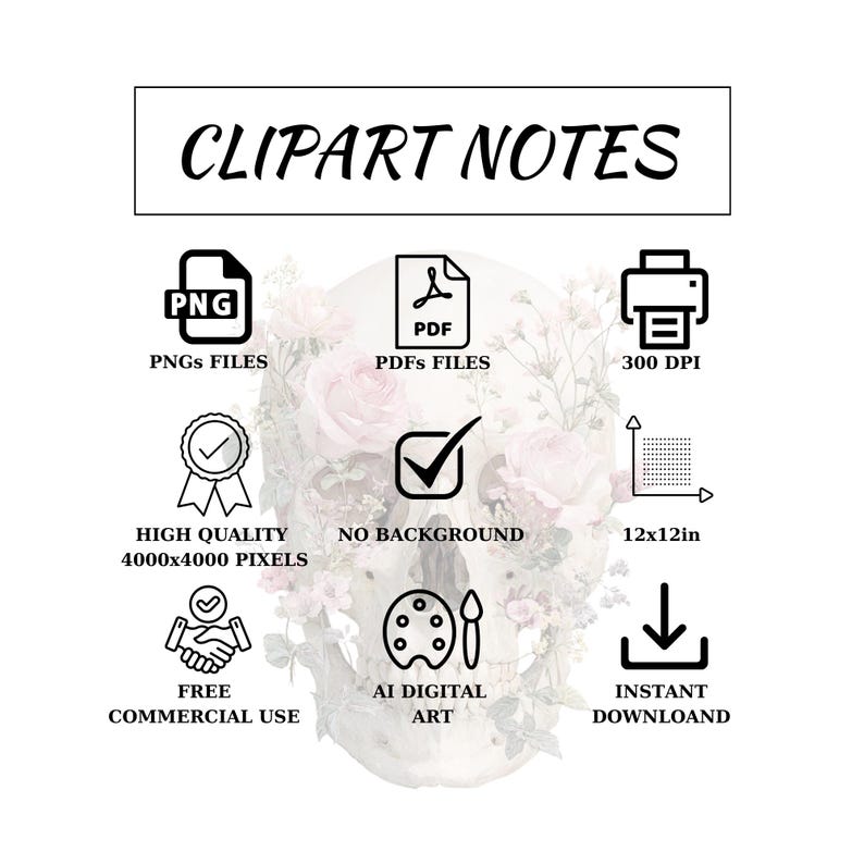 May include: Digital clipart image with the text "CLIPART NOTES". The image includes icons for PNG and PDF files, 300 DPI, high quality 4000x4000 pixels, no background, 12x12 inches, free commercial use, AI digital art, and instant download.