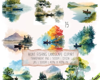 Paquete de 15 imágenes prediseñadas de paisajes con barcos de pesca, barcos de pescadores en formato JPG y PNG transparente (descarga digital).