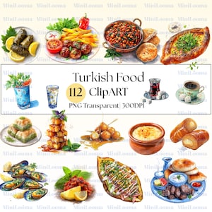 112 Turkish Food Clipart Bundle - Watercolor Mediterranean Cuisine, Mezes, Pide, Kebab, Dishes|PNG Transparent| 300DPI