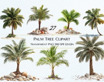 27 Palm Tree Clipart Bundle | Tropical Palm Trees, Leaves & Coconuts PNG Transparent Background