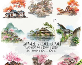Paquete de 15 imágenes prediseñadas de pueblos japoneses, pueblo Sakura en formato JPG y PNG transparente (descarga digital)