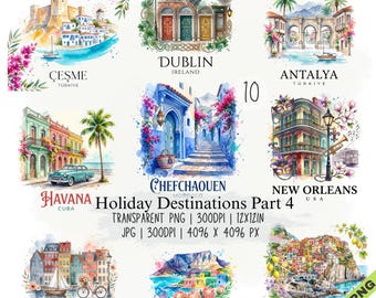 Puede incluir: Una colección digital de diez ilustraciones en acuarela que representan destinos de viaje globales como Çeşme, Dublín, Antalya, La Habana, Chefchaouen, Nueva Orleans, Copenhague, Ciudad del Cabo y Cinque Terre, con etiquetas de texto.