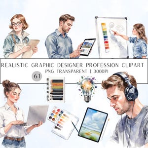 Puede incluir: Clipart de acuarela que presenta diseñadores gráficos con herramientas como tabletas, computadoras portátiles y paletas de colores. La imagen incluye el texto "REALISTIC GRAPHIC DESIGNER PROFESSION CLIPART PNG TRANSPARENT | 300DPI".