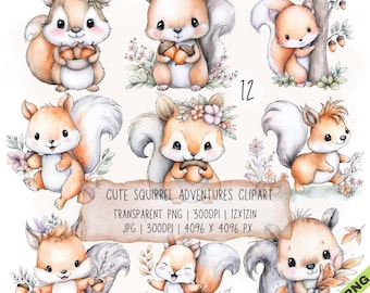 Paquete de 12 imágenes prediseñadas de aventuras de ardillas en formato JPG y PNG transparente (descarga digital)