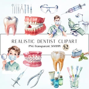 May include: Watercolor illustration of dental tools and teeth. Includes a tooth, dentures, braces, a dentist, a child with a magnifying glass, a dental chair, and a syringe. The text "Realistic Dentist Clipart" is also included.