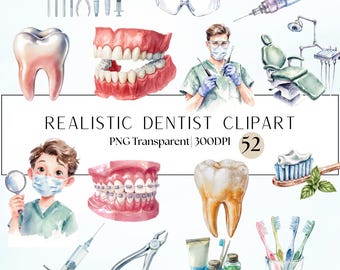 52 Watercolor Dentist Clipart: Dental Tools - Teeth Illustrations (Transparent PNG)