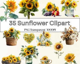 35 Sunflower Watercolor Clipart Bundle: Bouquets, Wreaths, Rustic Decor (PNG Transparent)
