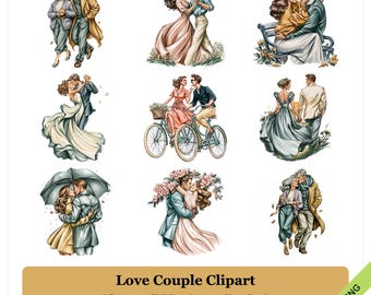 Puede incluir: Una colección digital de nueve ilustraciones que muestran parejas en diversas escenas románticas, incluyendo bailar, andar en bicicleta, caminar y abrazarse bajo un paraguas. El texto dice Love Couple Clipart, 10 Transparent PNG files, 9 shown, Clipart Bundle.