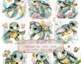 11 imágenes prediseñadas de tortugas y peces pequeños, amigos del océano en formato JPG y PNG transparente (descarga digital)
