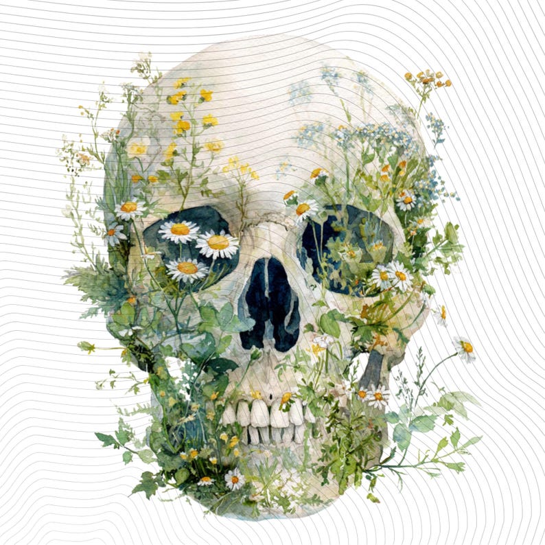 May include: Watercolor illustration of a human skull adorned with daisies and other wildflowers. The skull is off-white, with the flowers in shades of white, yellow, and green. The artwork has a delicate, ethereal quality, with fine lines in the background.