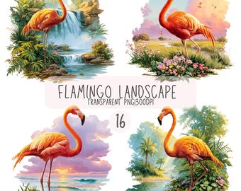 16 Flamingo Landscape Clipart, Tropical Watercolor Beach & Sunset PNG Transparent Background