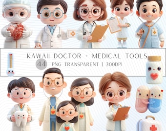 44 Kawaii Doctor Clipart and Medical Tools| Characters PNG Transparent Background| 300 DPI