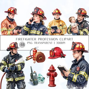 以下が含まれることがあります： 様々なポーズの消防士の水彩イラスト。赤いヘルメットと保護服を着用しています。画像には消火栓、消火ホース、その他の機器が含まれています。テキストは「Firefighter Profession Clipart」と表示されています。