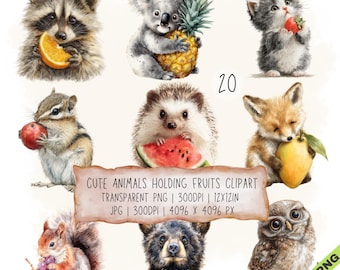 20 imágenes prediseñadas de animales sosteniendo frutas en formato JPG y PNG transparente (descarga digital)