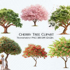 May include: A collection of six cherry tree clipart images. The trees display various stages of growth, with lush green foliage, vibrant pink blossoms, and ripe red cherries. The text "CHERRY TREE CLIPART" is visible.