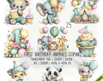 Paquete de 25 imágenes prediseñadas para el primer cumpleaños, pastel con globos en formato JPG y PNG transparente (descarga digital).