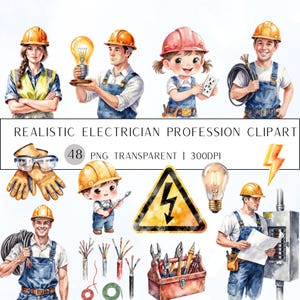 Puede incluir: Conjunto de imágenes prediseñadas de acuarela con varios elementos relacionados con la profesión de electricista. Incluye ilustraciones de electricistas, herramientas, equipo de seguridad y componentes eléctricos. El texto de la imagen dice: "REALISTIC ELECTRICIAN PROFESSION CLIPART 48 PNG TRANSPARENT I 300DPI."