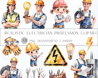 Electrician Clipart Set: Realistic Watercolor PNG Transparent Graphics (48)