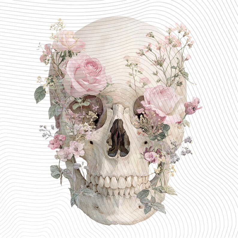 May include: A watercolor illustration of a human skull adorned with pink roses and delicate floral arrangements. The skull is depicted in a realistic style, with detailed teeth and eye sockets filled with flowers. The background features subtle, wavy gray lines.