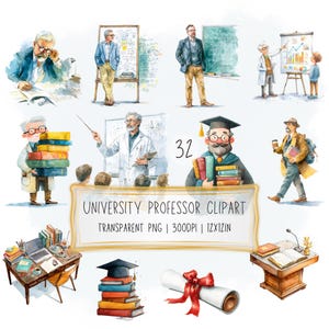 Könnte beinhalten: Aquarellillustrationen von Universitätsprofessoren in verschiedenen Umgebungen. Die Bilder zeigen Professoren beim Unterrichten, Lesen und Tragen von Büchern. Ein Schreibtisch mit Laptop und Büchern, ein Stapel Bücher mit Abschlusskappe und ein Diplom sind ebenfalls abgebildet.
