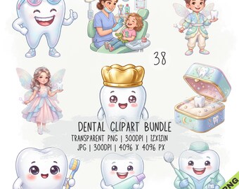 Puede incluir: Un paquete de imágenes prediseñadas dentales digitales con 38 ilustraciones que incluyen un personaje de diente con gafas de sol, un dentista examinando a un niño, un hada de los dientes, un diente con corona de oro, un diente en un joyero y herramientas.