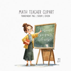 May include: Watercolor illustration of a math teacher with glasses, pointing at a chalkboard with equations. The teacher wears a yellow jacket, gray skirt, and holds a red book. The text "MATH TEACHER CLIPART" is at the top.