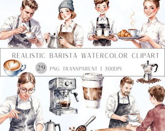 29  Barista Watercolor Clipart Set |Coffee Shop Scenes, Barista Characters|PNG Transparent Background