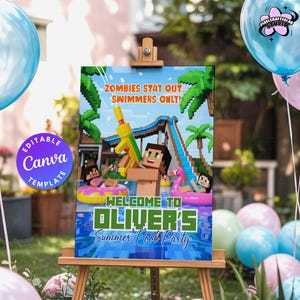 Pool Party Welcome Sign | Birthday Banner | Minecrafter Birthday Decor | Gamer Birthday Sign | Welcome Sign | Canva Template