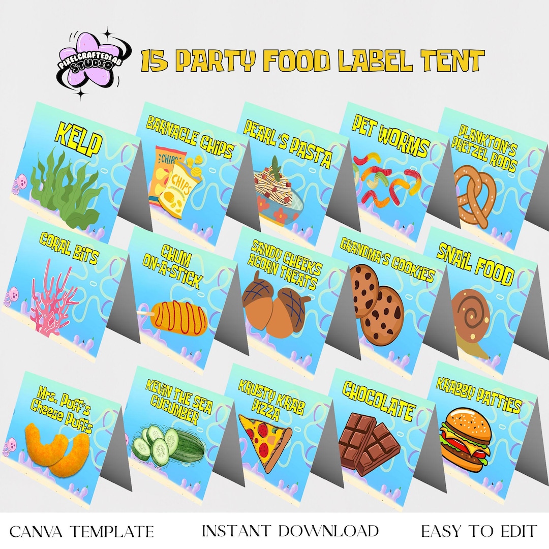 Editable Party Food Tent Labels | Sponge Birthday Party Decor| Instant ...