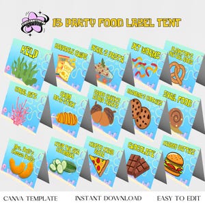Etiquetas editables para carpas de comida para fiestas / Decoración de fiesta de cumpleaños con esponja / Descarga instantánea imprimible / Etiqueta editable para carpa de comida / Etiqueta para carpa de comida
